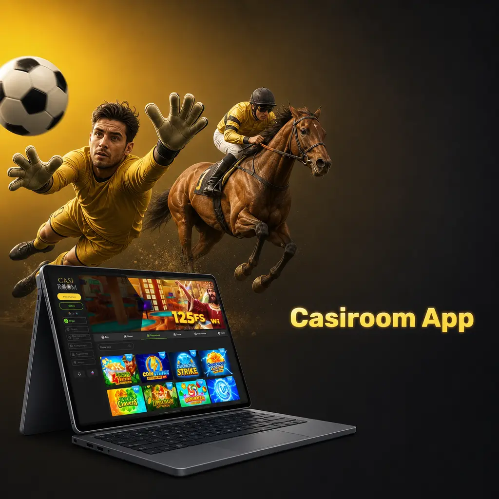 Casiroom mobile app interface showing sports betting, casino games and account management for Android and iOS devices