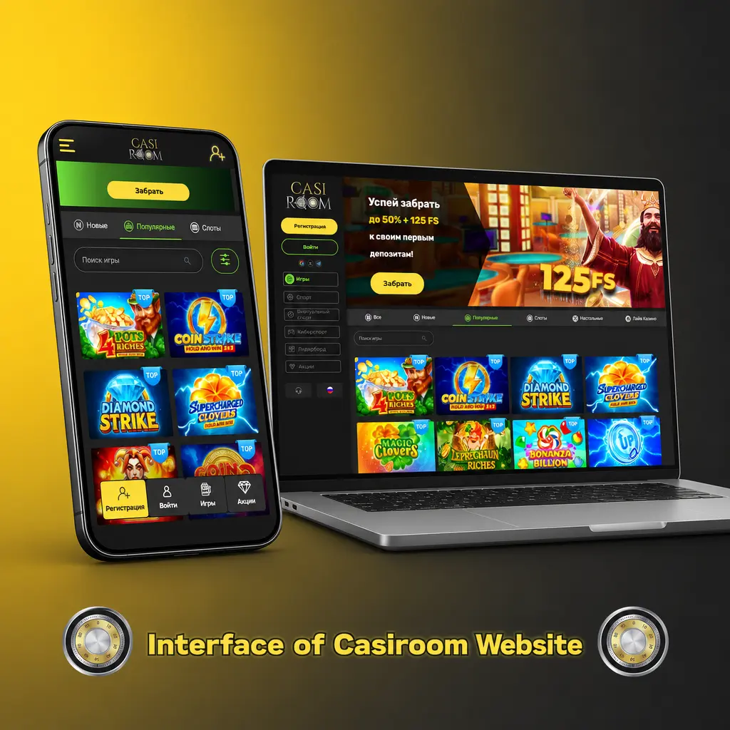 Casiroom website interface showing navigation bar with Sports, Casino, Live Betting, Promotions, deposit button, and search filters.