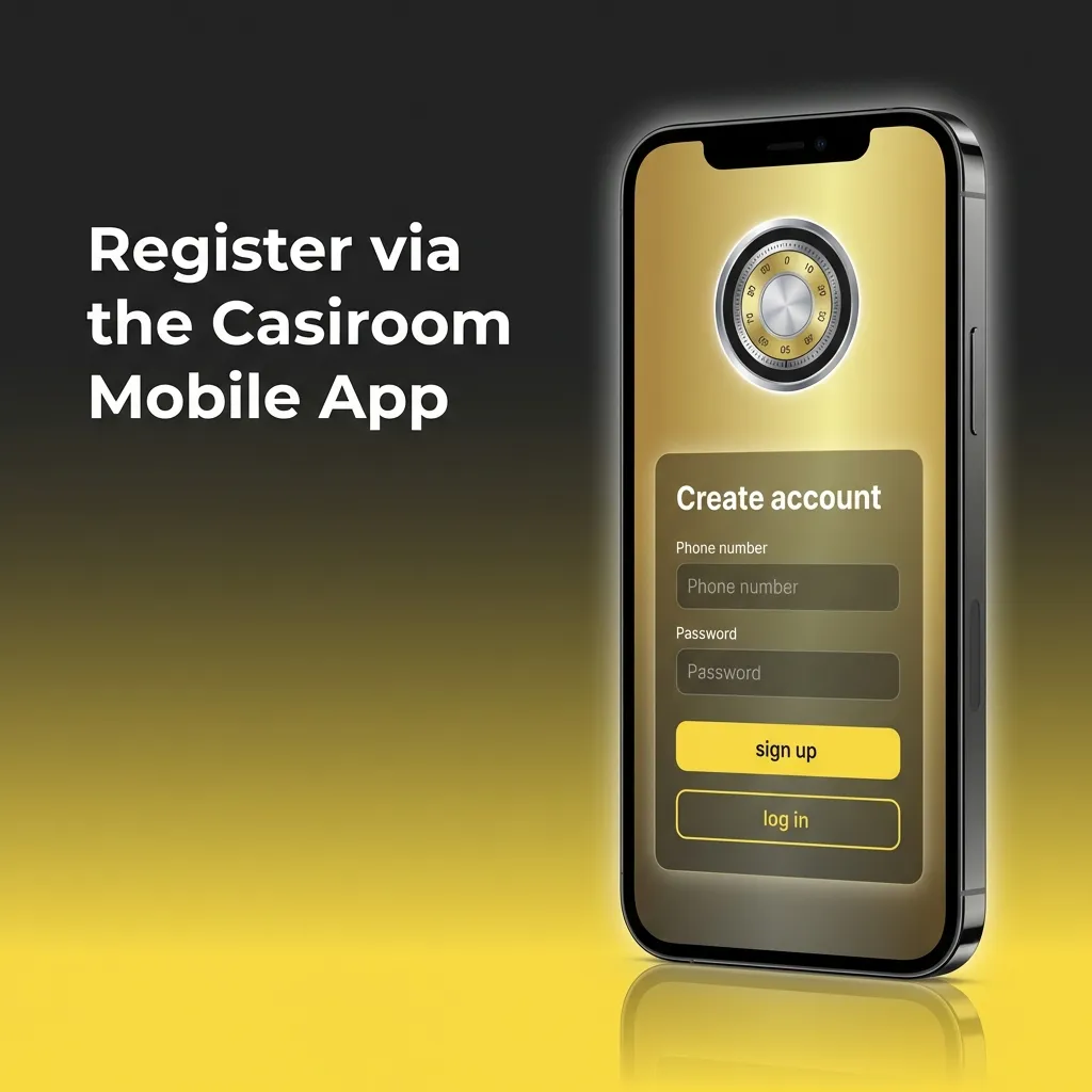 Smartphone displaying Casiroom app registration screen with sign-up options and biometric security setup interface