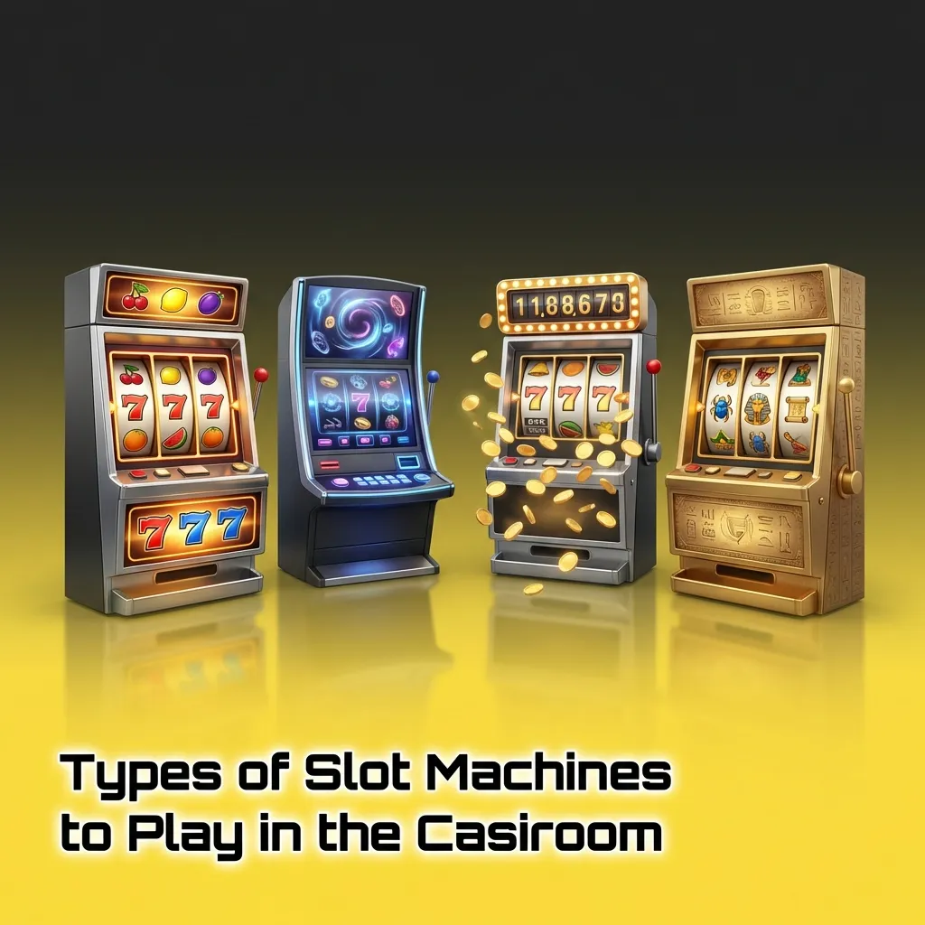 Various colorful slot machine types displayed in a casino interface, showing classic, video, and progressive jackpot games.