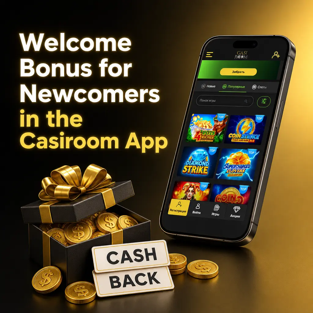 Casiroom app welcome bonus showing sports and casino offers with deposit tiers, free spins, and wagering requirements for new users