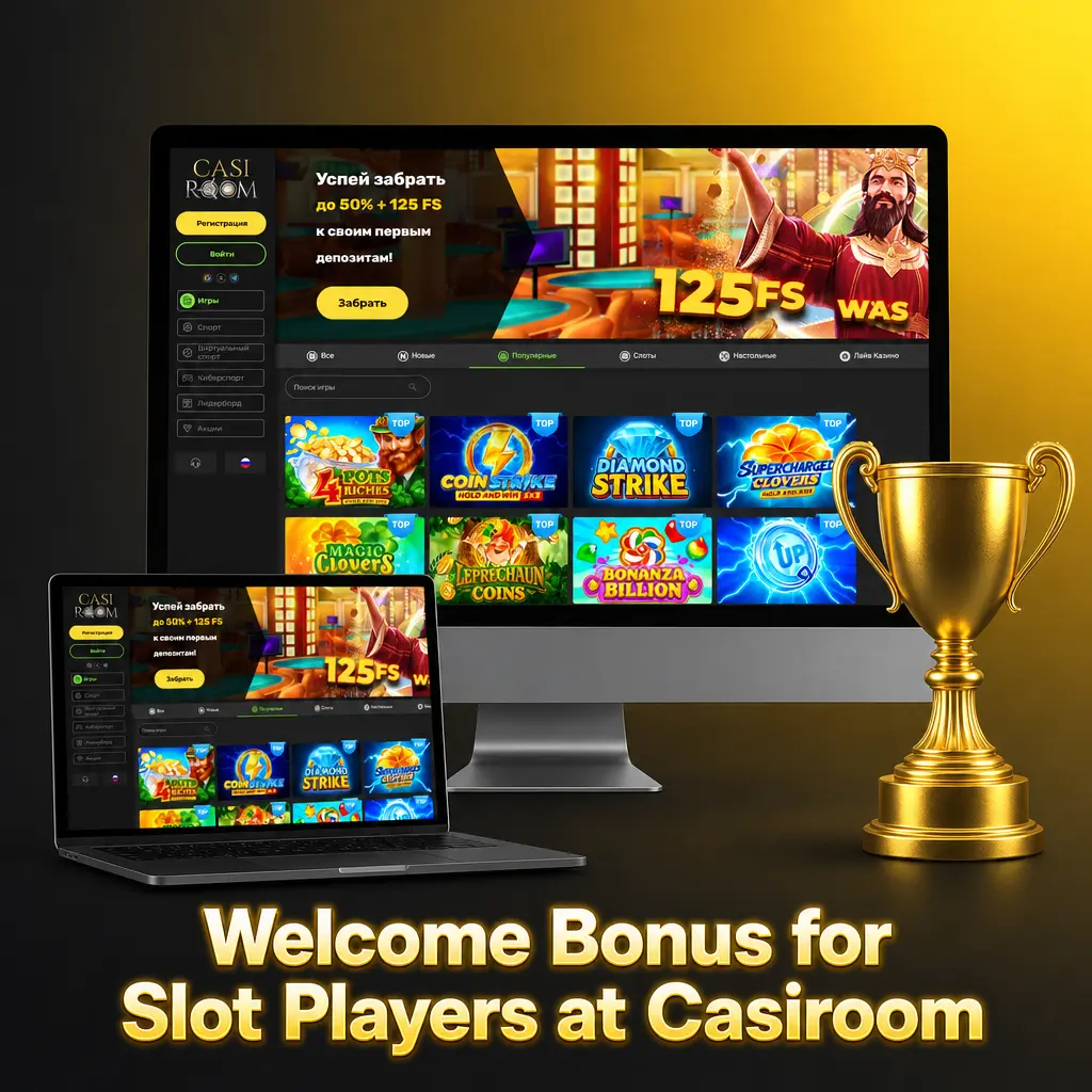 Casiroom welcome bonus for slot players showing deposit match offers from 200% to 150% with wagering requirements